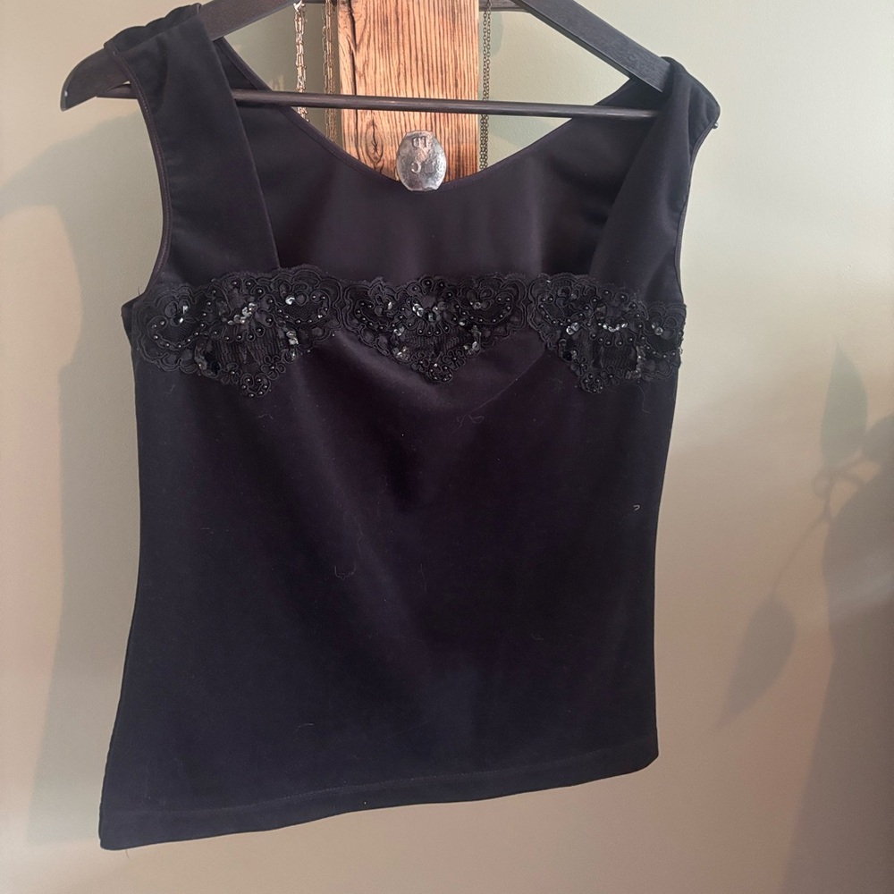 Vintage Black Sleeveless Top with Lace Detail
